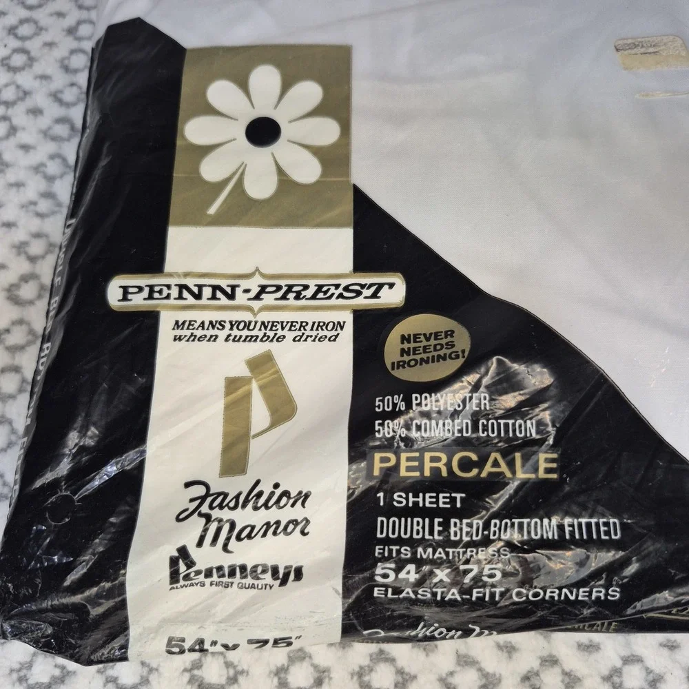 Fashion Manor Vtg 60s DOUBLE FITTED SHEET 54x75 White Penneys Percale 100%Cotton